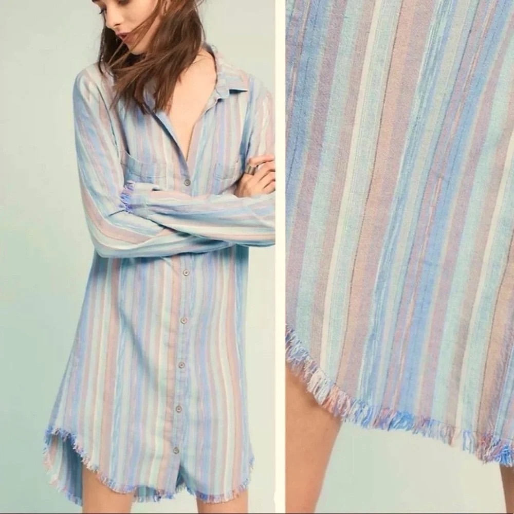 Anthropologie Cloth & Stone Linen Blend Striped Chambray Shirt Dress Raw Edge S